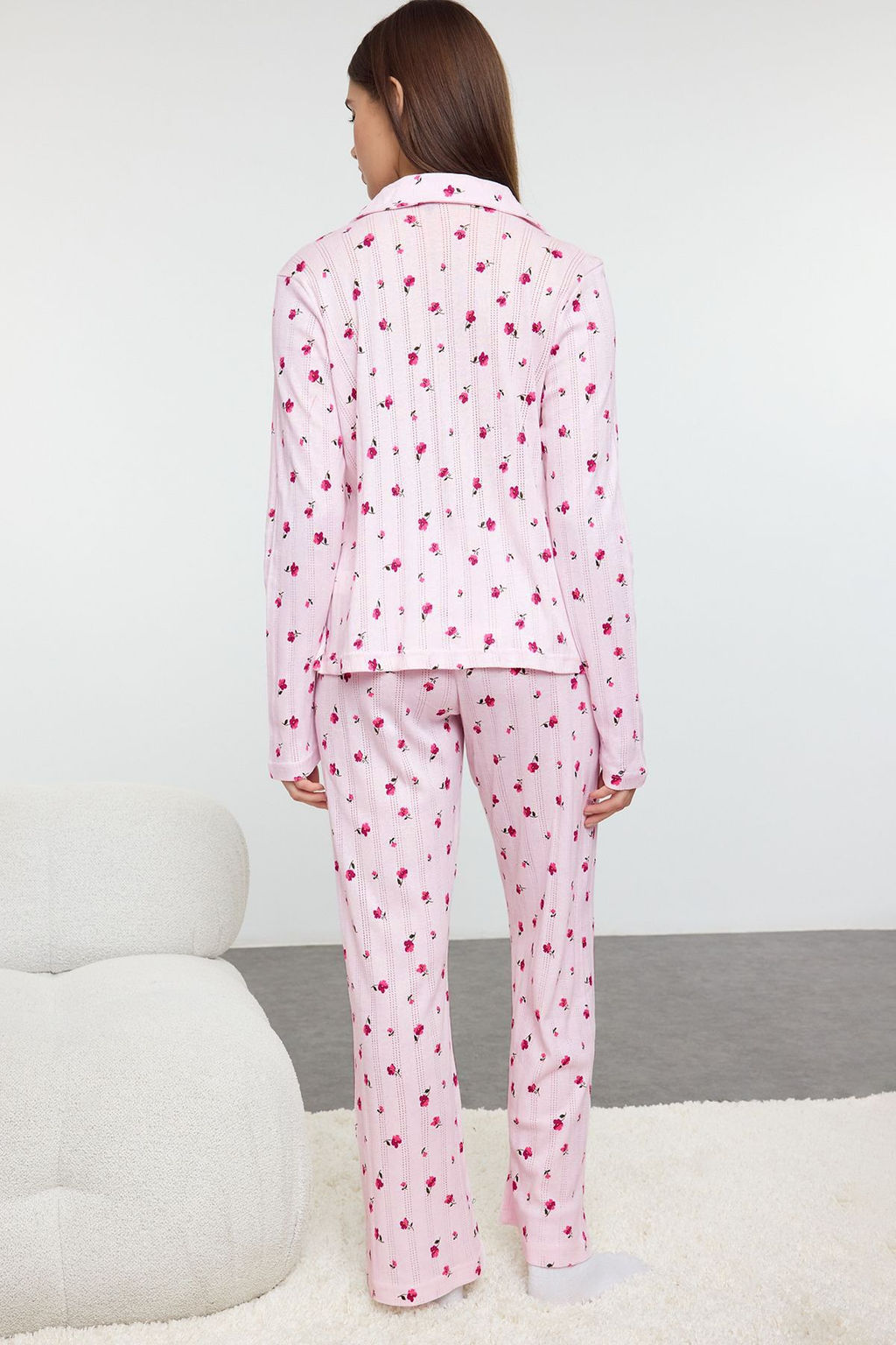 Trendyolmilla Beyaz %100 Pamuklu Cicekli Ajurlu/Delikli Fitilli Orme Pijama Tak?m? THMAW25PT00057 фото 10