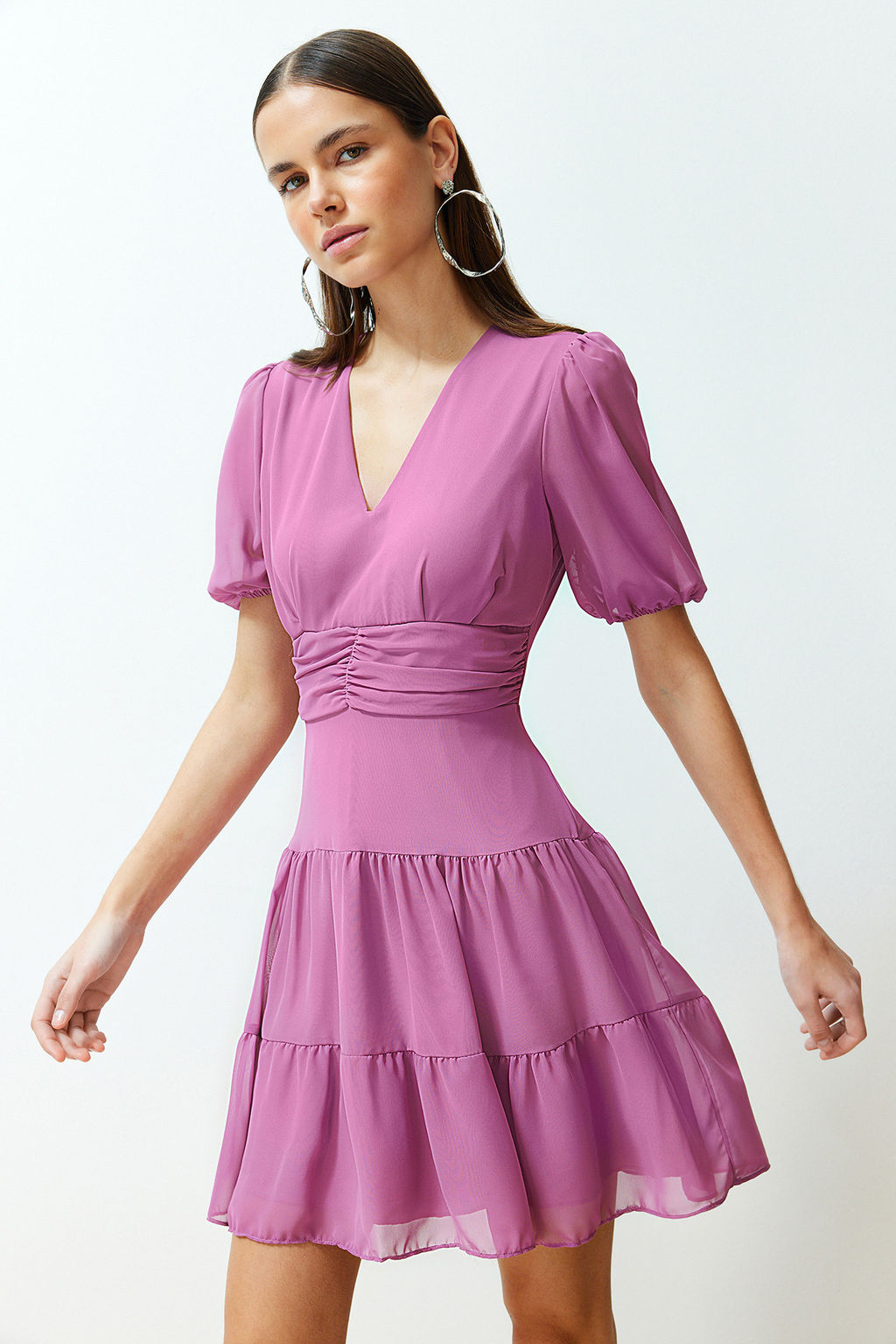 Pembe Belden Ac?lan Volanl? Sifon Astarl? Mini Dokuma Elbise TWOSS24EL00634 - Trendyolmilla фото 3