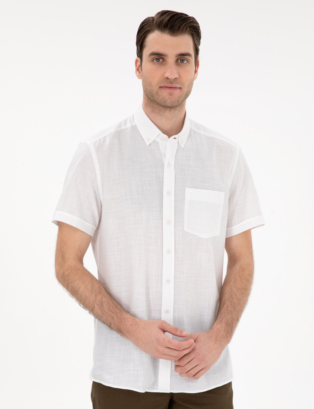 Beyaz Keten G_r_n_ml_ Regular Fit K_sa Kollu G_mlek