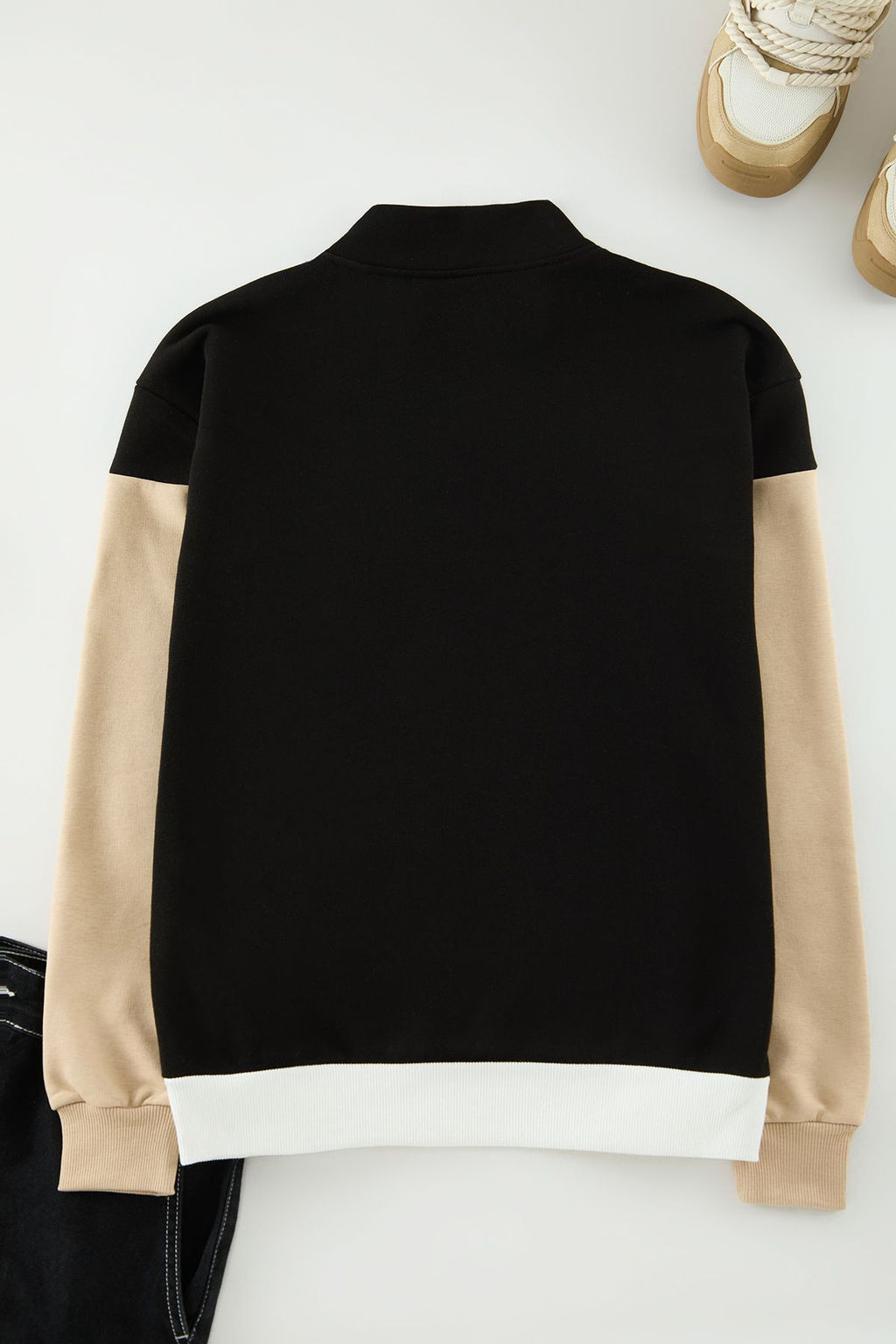Ekru Oversize/Genis Kesim Renk Bloklu Dik Yaka Fermuarl? Sardonsuz Sweatshirt TMNAW25SW00052