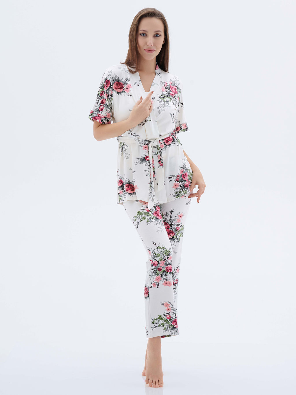Пижама с халатом МИШЕЛЬ: брюки, топ, халат (молоко №18)