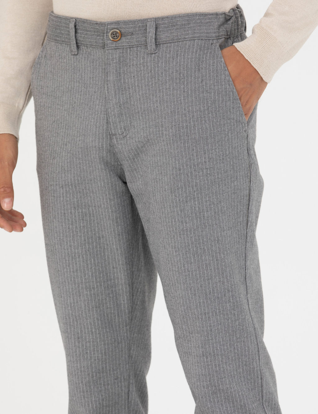 Gri Slim Fit _izgili Kanvas Pantolon
