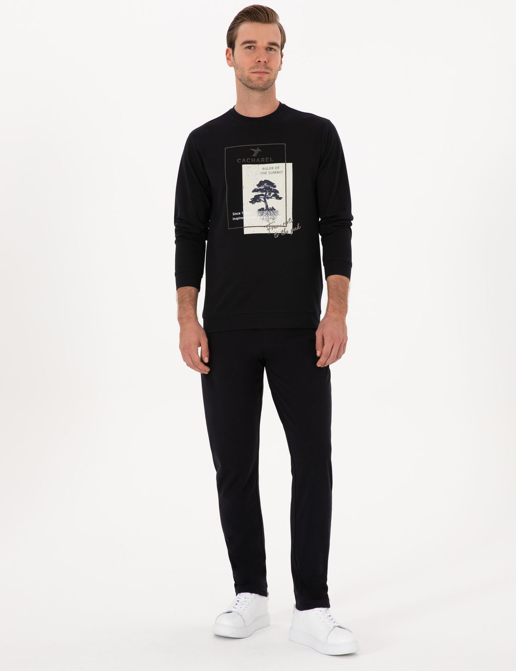 Lacivert Regular Fit Bisiklet Yaka Bask_l_ Sweatshirt
