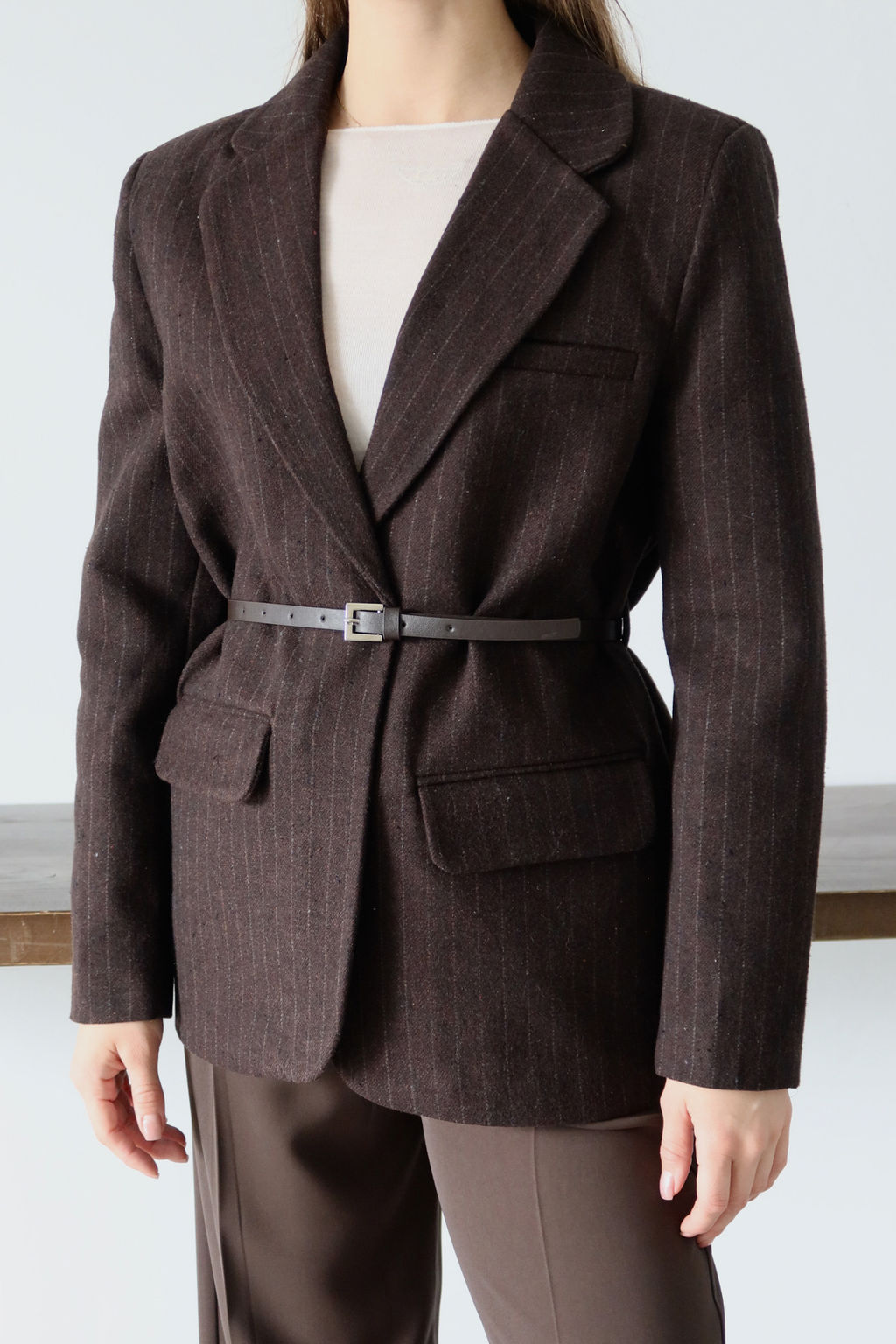 Kahverengi Kase Cizgili Kemerli Dokuma Blazer Ceket TWOAW26BC00072 - Trendyolmilla фото 6