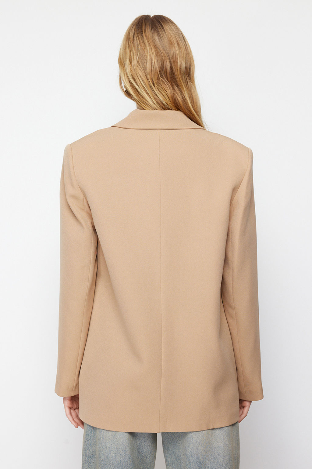 Camel Oversize Duz Kesim Basic Kruvaze Dokuma Blazer Ceket TWOSS24BC00028