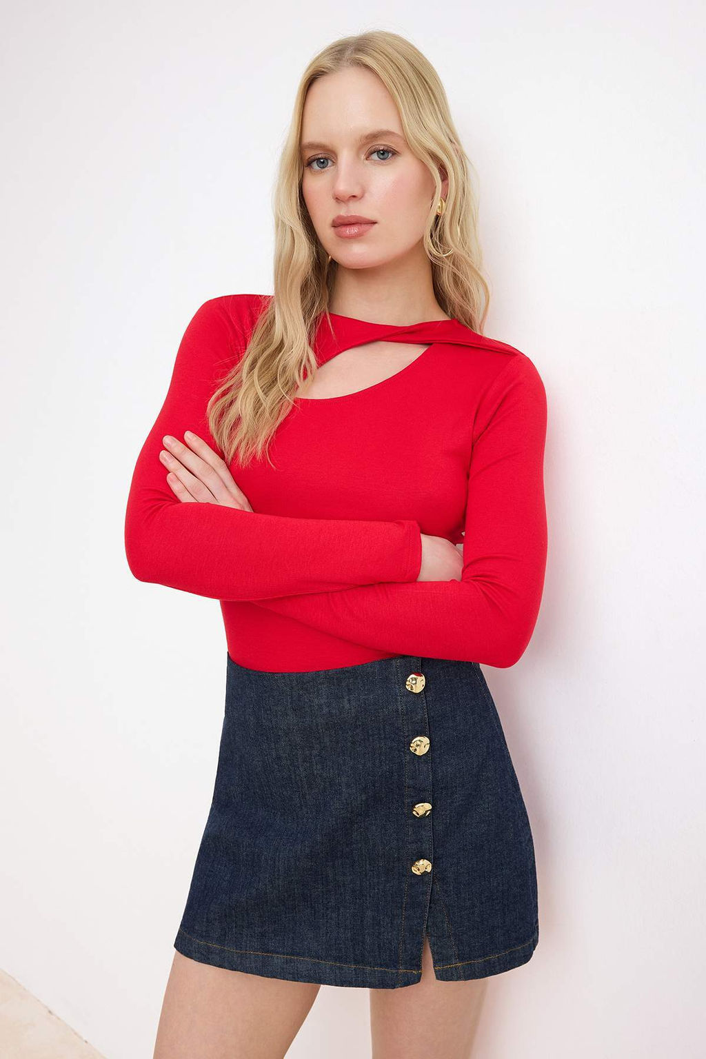 K?rm?z? Duz Fitted Bisiklet Yaka Standart Kol Uzun Premium Yumusak Orme Bluz TWOSS26BZ00247