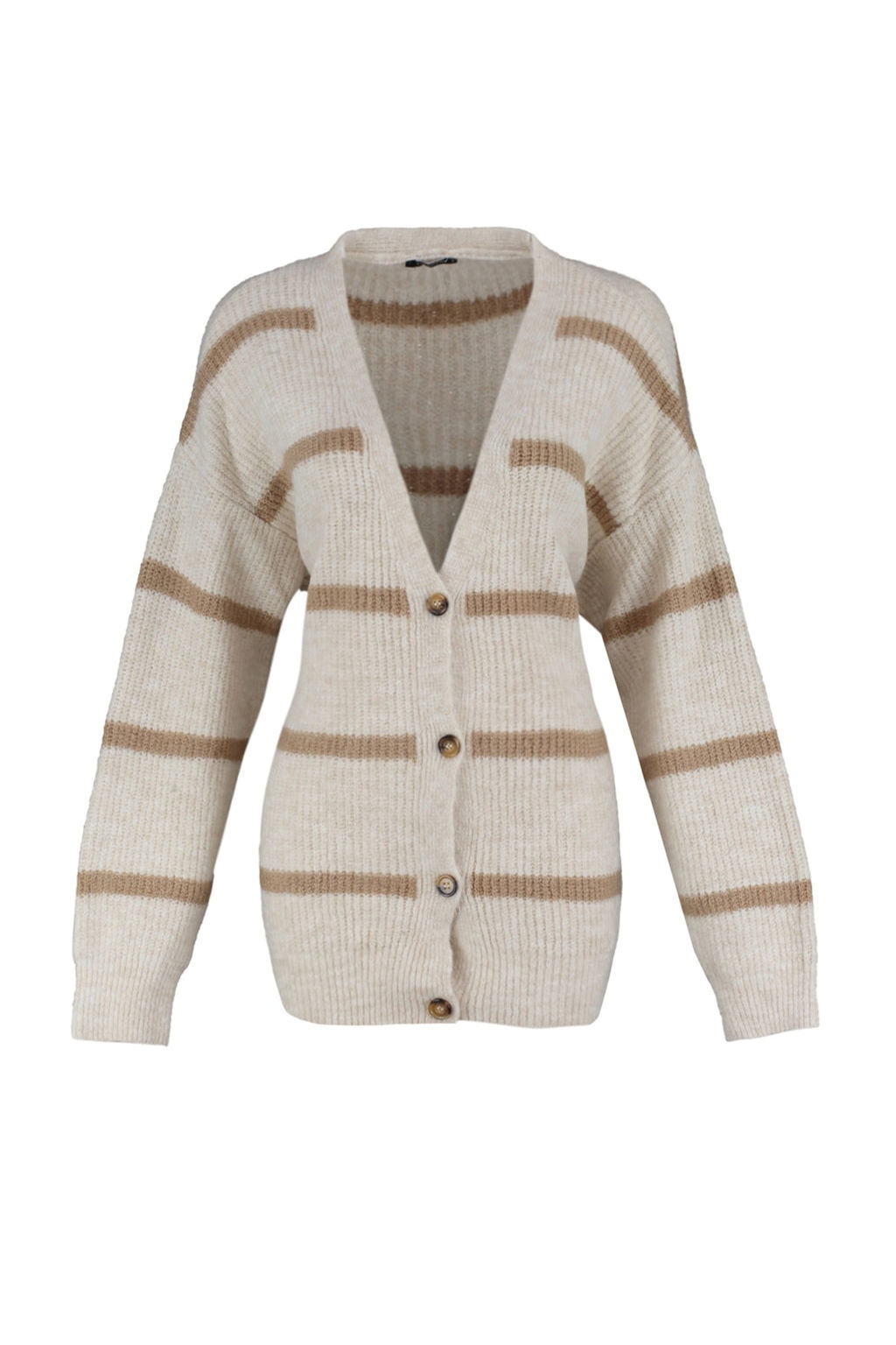 Ekru Genis Kal?p Yumusak Dokulu Cizgili Triko H?rka TWOAW23HI00191