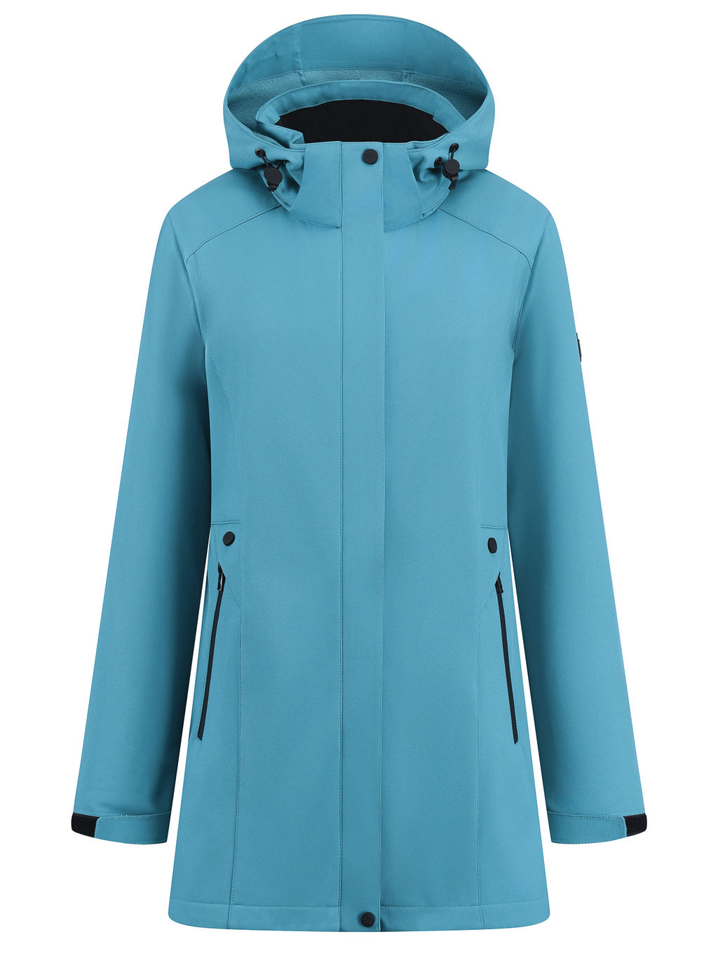 Парка женская софтшелл виндстоппер удлинённая с капюшоном бирюзового цвета 9614_1Br