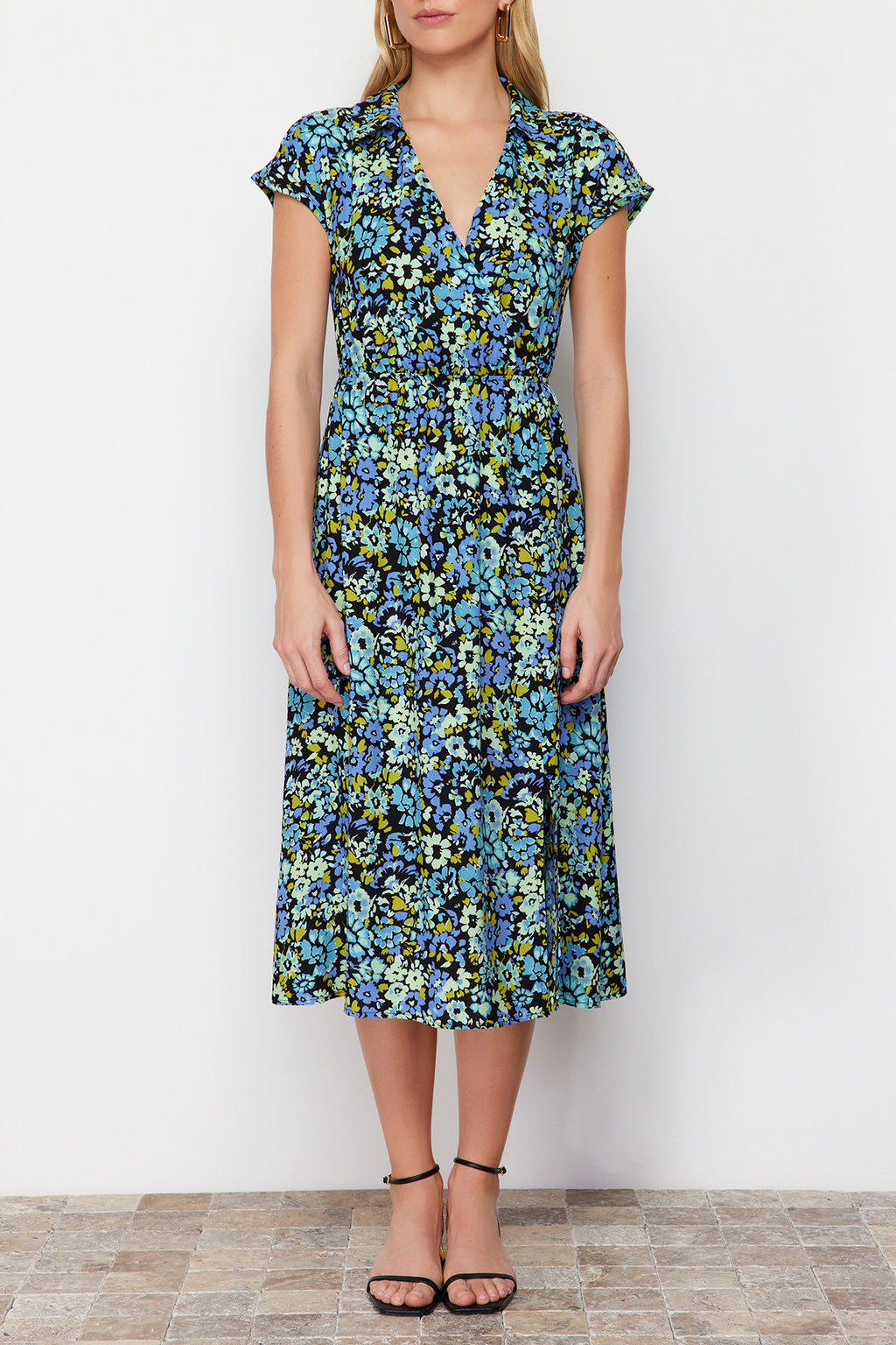 Lacivert Cicek Desenli A Kesim Kruvaze Yaka Viskon Midi Dokuma Elbise TWOSS24EL00607 - Trendyolmilla фото 4