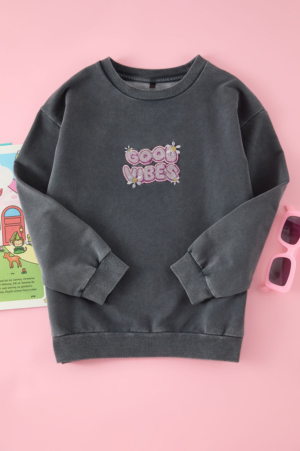 Gri K?z Cocuk Bask?l? Orme Sweatshirt TKDAW25SW00131