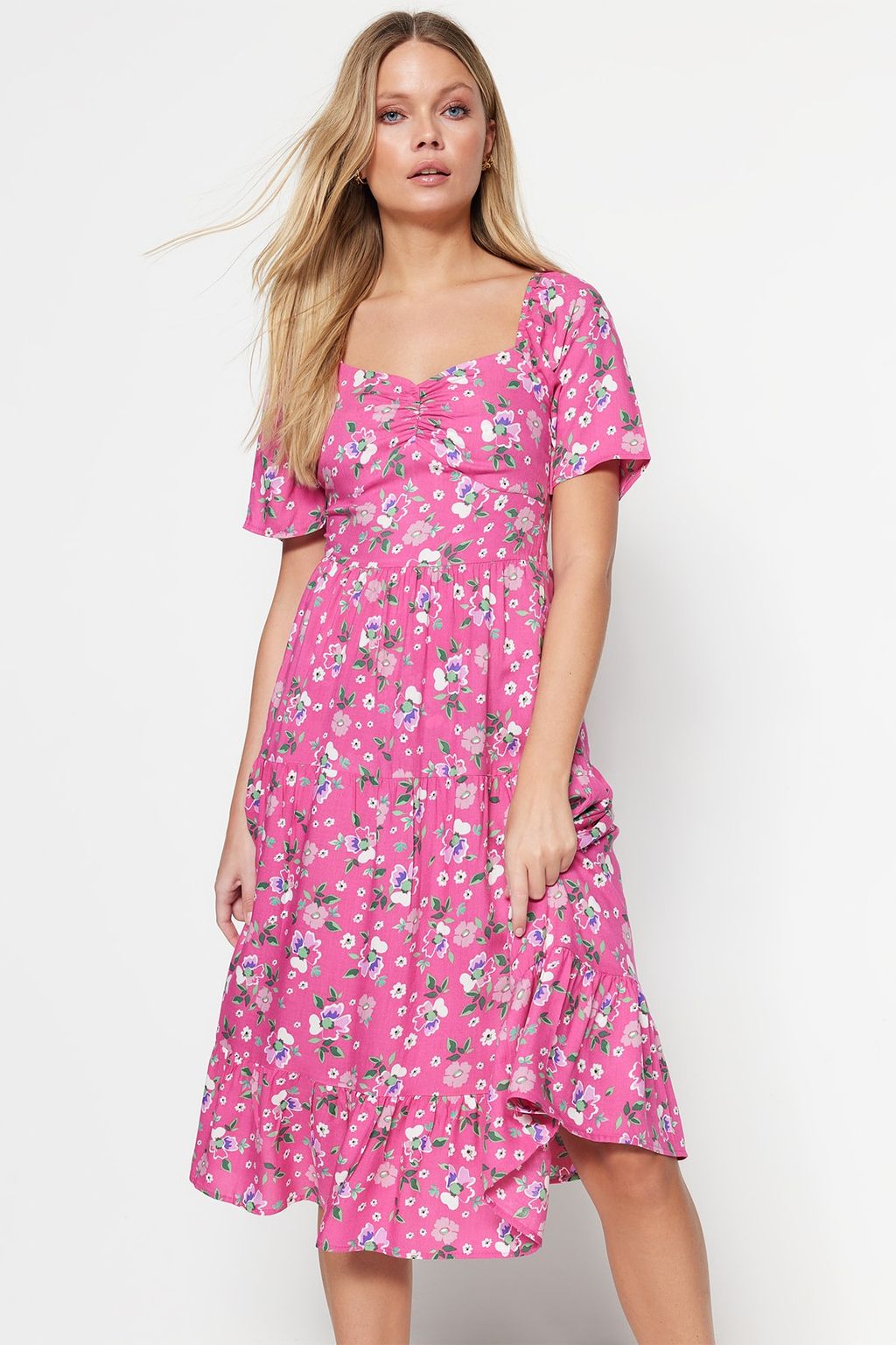 Pembe A Kesim Balon Kollu Cicek Desenli Midi Dokuma Elbise TWOSS20EL2323