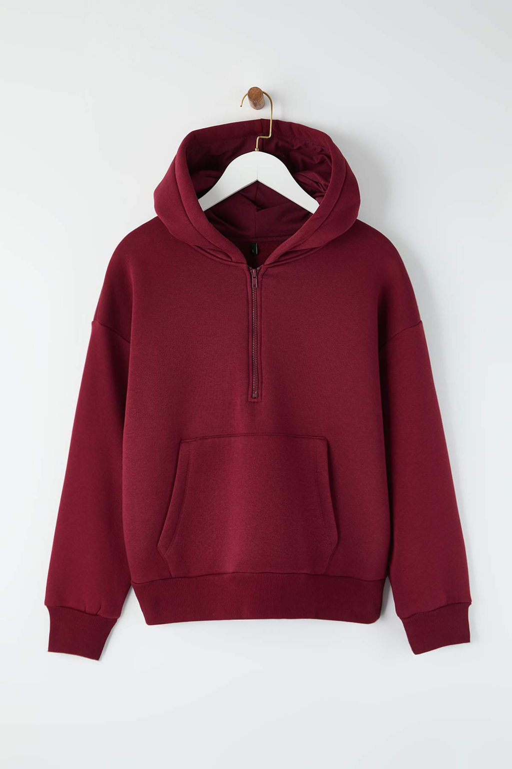 Teen Bordo Kapusonlu Kal?n Ici Polarl? Yar?m Pat Fermuarl? Cepli Orme Sweatshirt TWOAW26SW00160