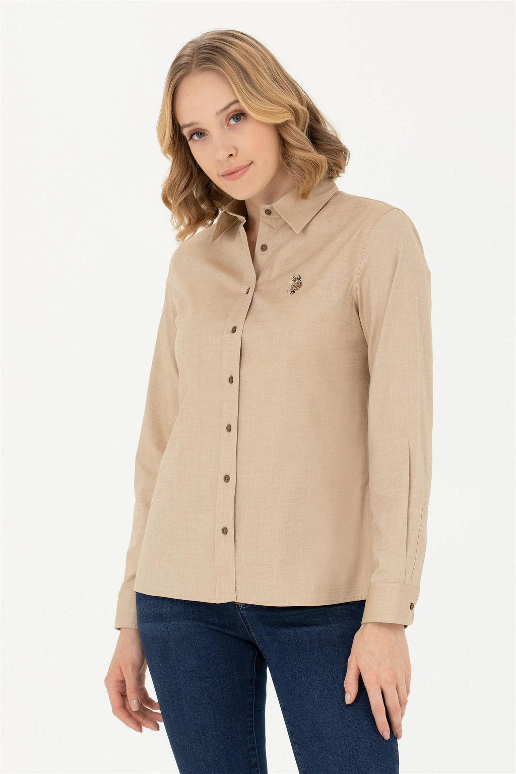 Женская базовая рубашка светло-хаки с длинным рукавом - U.s. polo assn фото 10