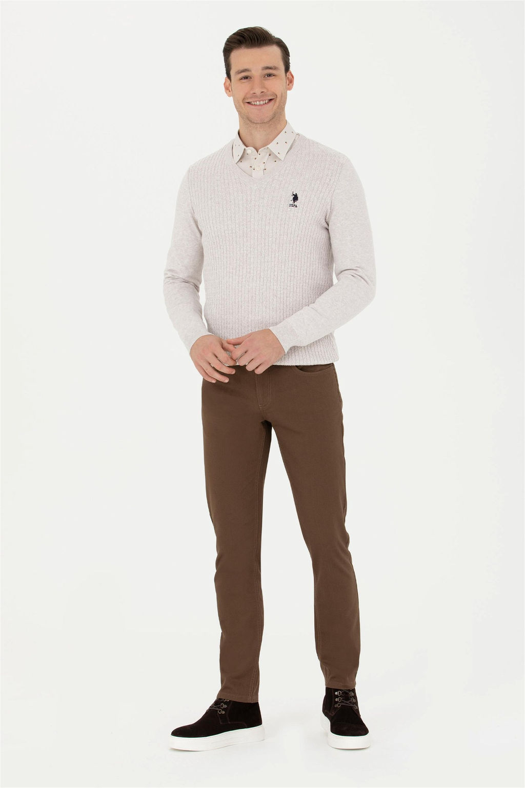 Свитер мужской U.S. Polo Assn каменный меланж хлопок  фото 4