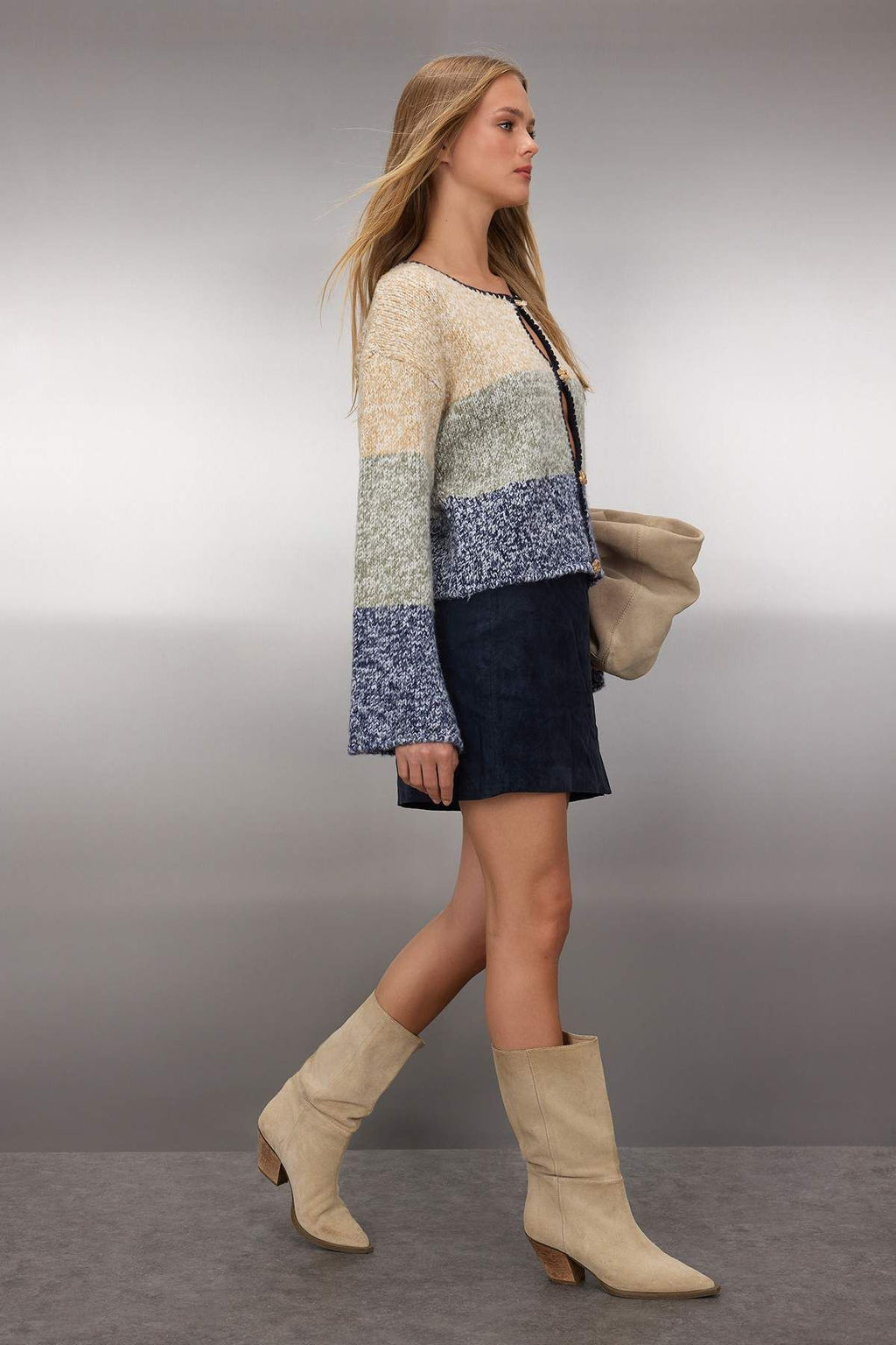 Indigo Dugme Detayl? Crop Yumusak Dokulu Genis Kal?p Renk Bloklu Triko H?rka TWOAW26HI00011 - Trendyolmilla фото 3