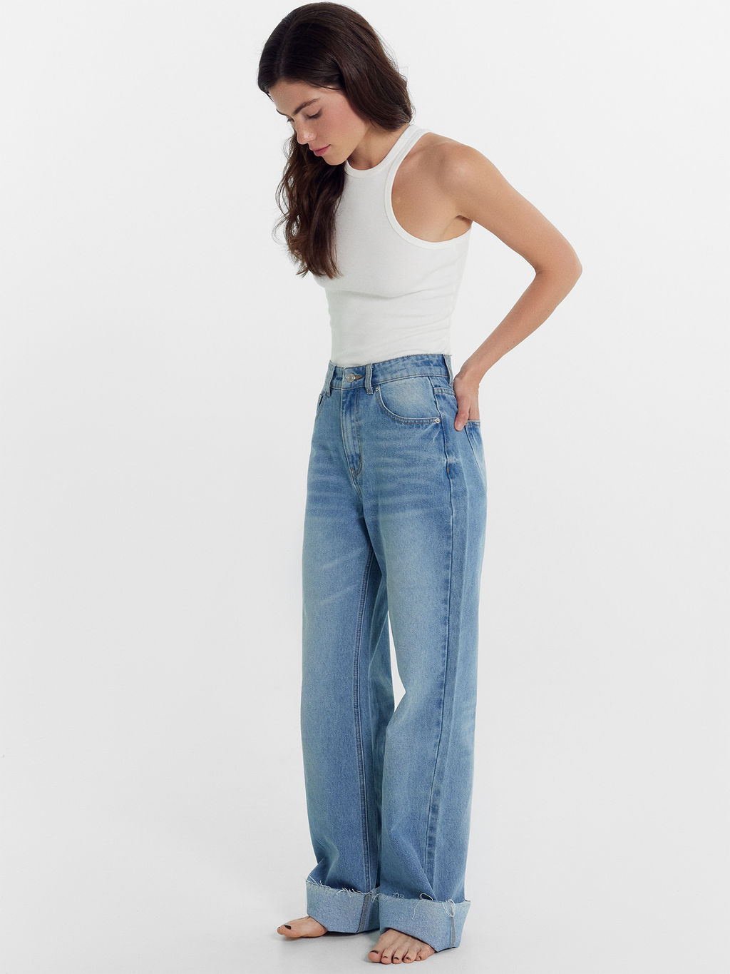 Брюки женские джинсовые wide leg fit голубые голубой 2024-DTW1301-1 - Mark formelle фото 4