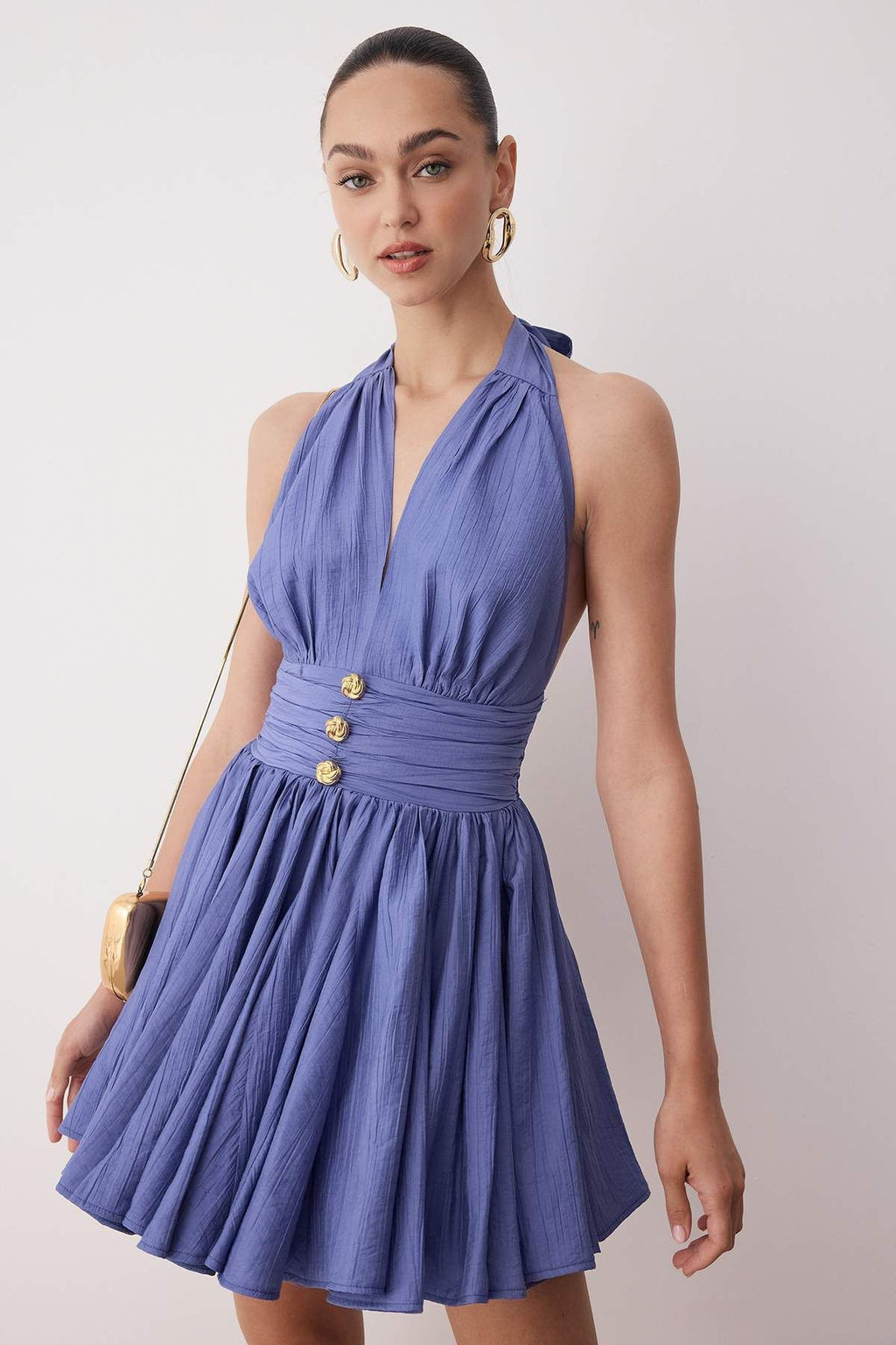 Mavi Belden Ac?lan/Skater Dusme Detayl? Sifon K?sa/Mini Elbise TPRSS25EL00319 - Trendyolmilla фото 8