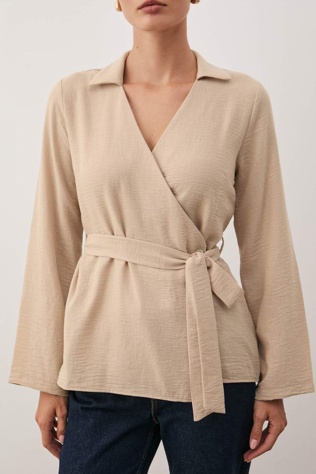 Gri V Yaka Kruvaze Baglama Detayl? Dokuma Bluz TWOSS24BZ00371