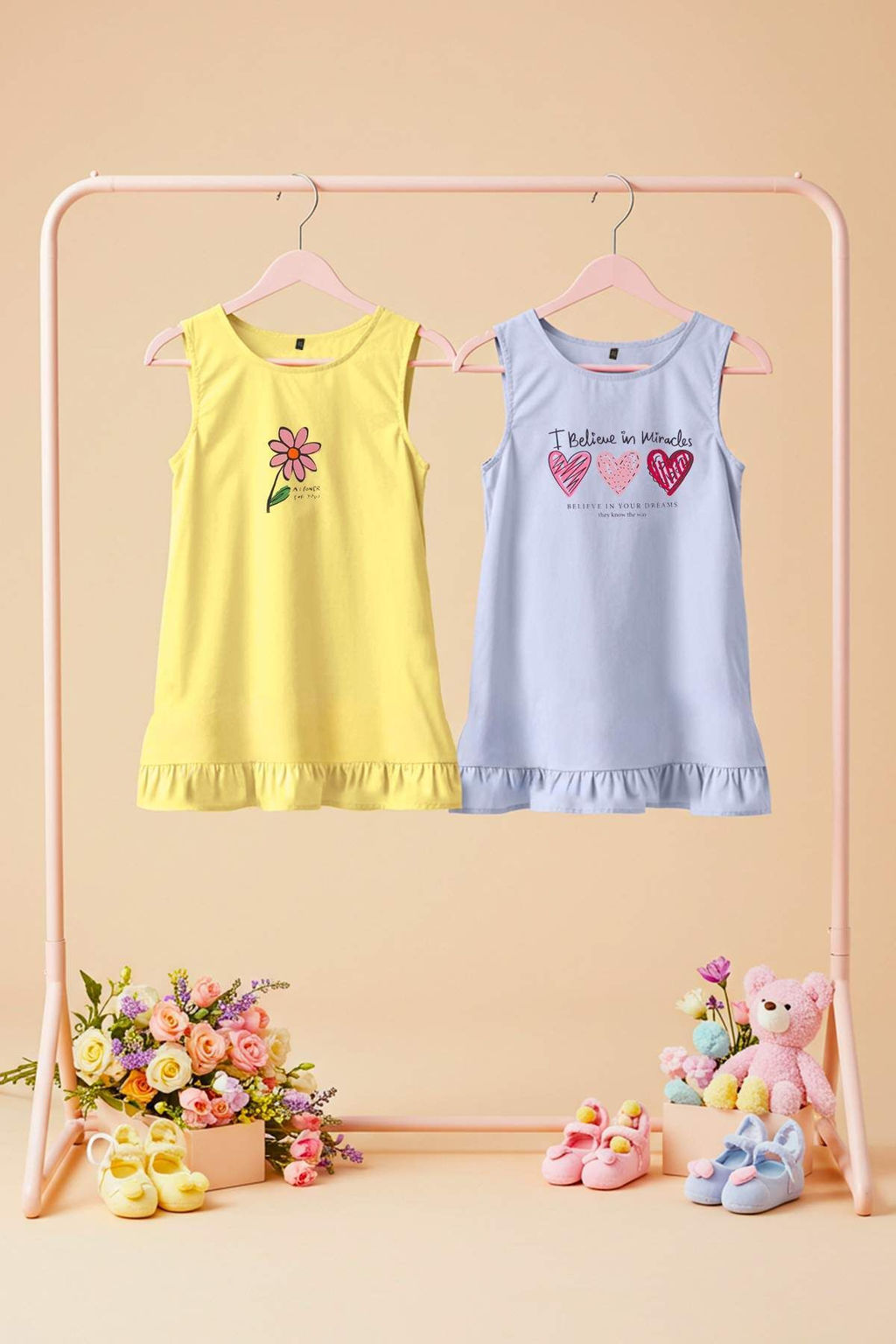 Lila-Sar? 2li K?z Cocuk %100 Pamuk Bask?l? Kolsuz K?sa Orme Elbise TKDSS25EL00092