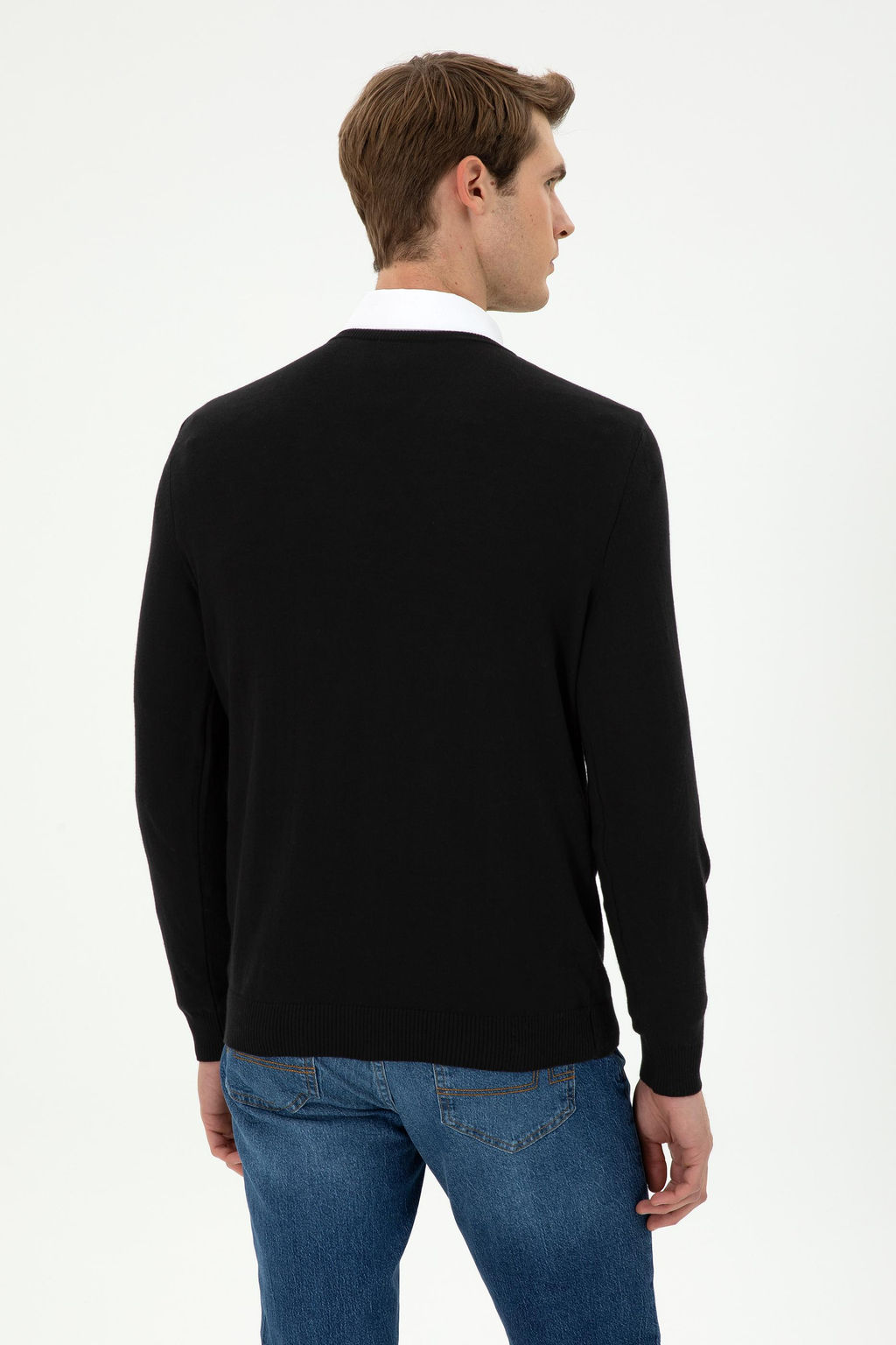 Erkek Slim Fit V Yaka Siyah Basic Kazak