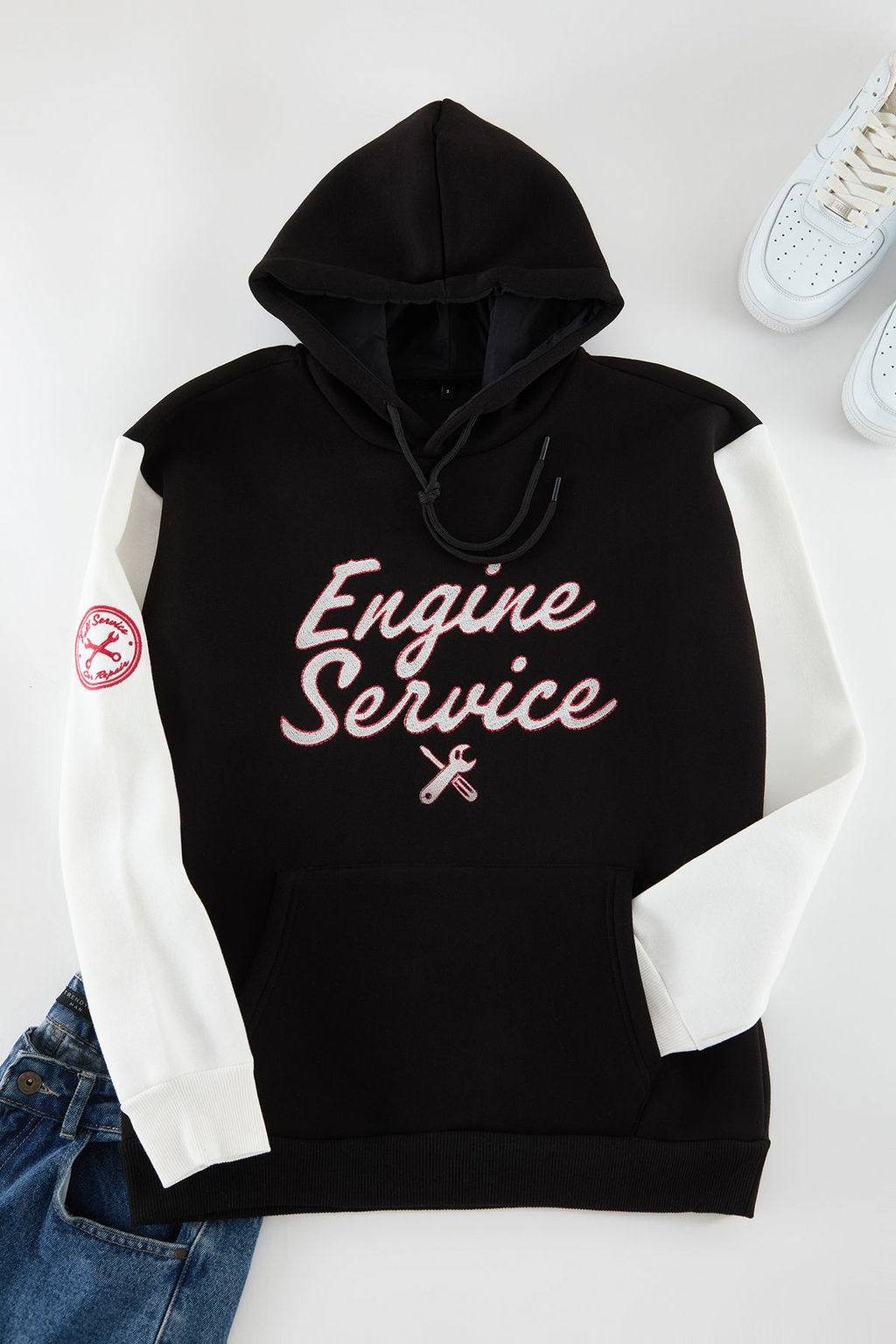 Zumrut Yesili Oversize/Genis Kesim Nak?sl? Renk Bloklu Kapusonlu Ici Polar Sweatshirt TMNAW25SW00044 - Trendyolmilla фото 9