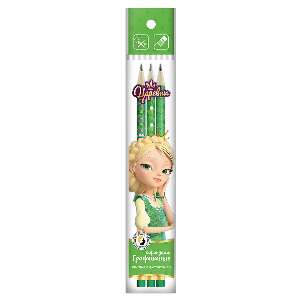 ВКФ Царевны TSR-3P-04 Набор графитных карандашей круглые с ластиком ОПП Василиса заточенный ТМ (HB) 10 х 3 шт. Hot Print