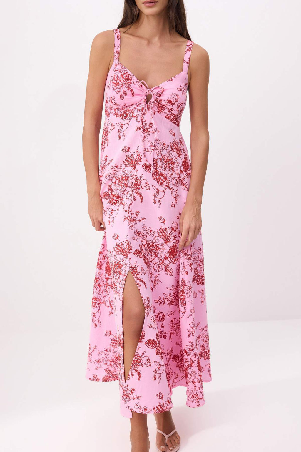 Pembe Cicekli Keten Gorunumlu Dokuma Elbise TWOSS26EL00664