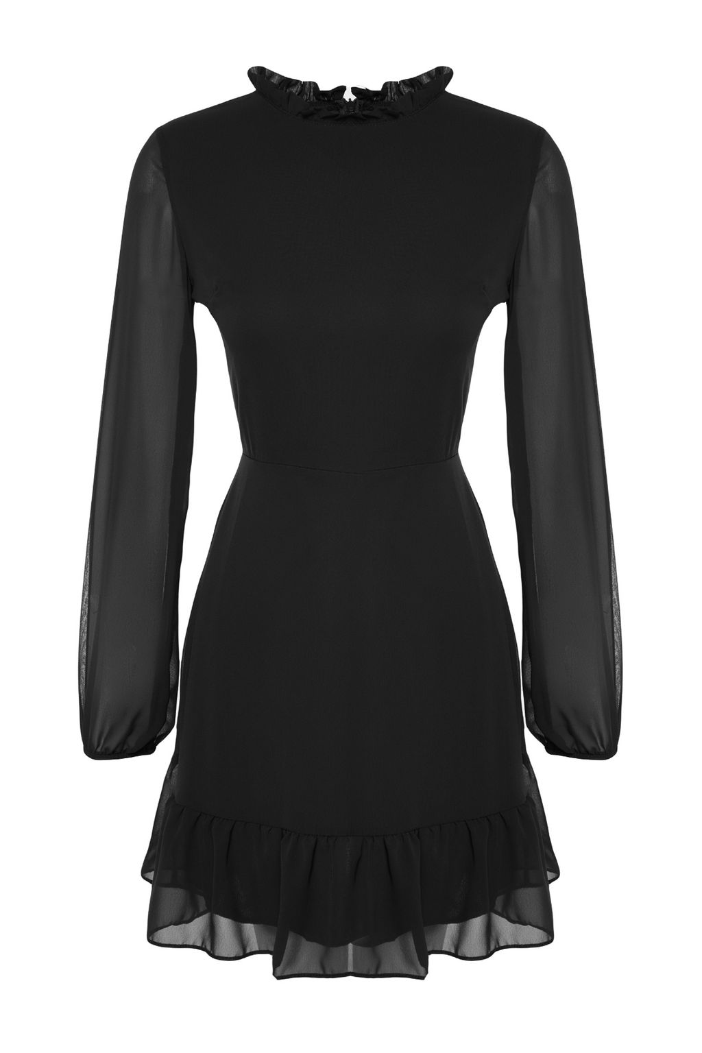 TRENDYOLMILLA Siyah A Kesim F?rf?r Detayl? Dik Yaka Mini Astarl? Sifon Dokuma K?sl?k Elbise TWOAW24EL00722  фото 20