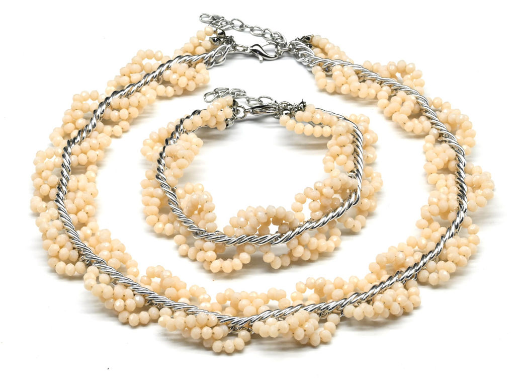 Колье и браслет из циркона с цепью цв.крем, 44см, 22см