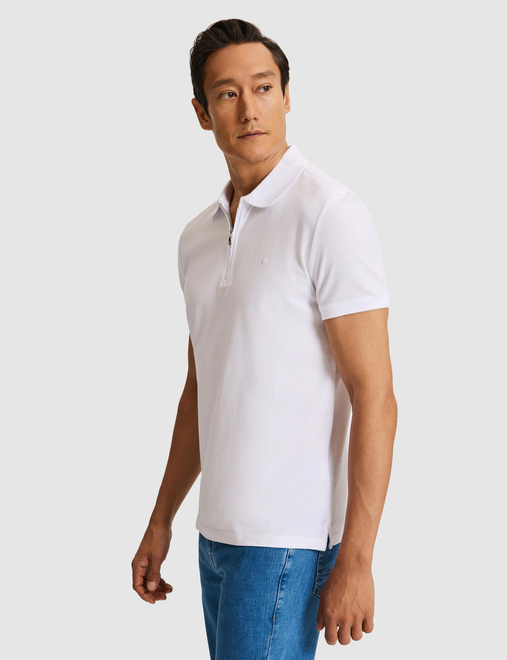 Beyaz Slim Fit Fermuarl_ Polo Yaka Saf Pamuk T-shirt