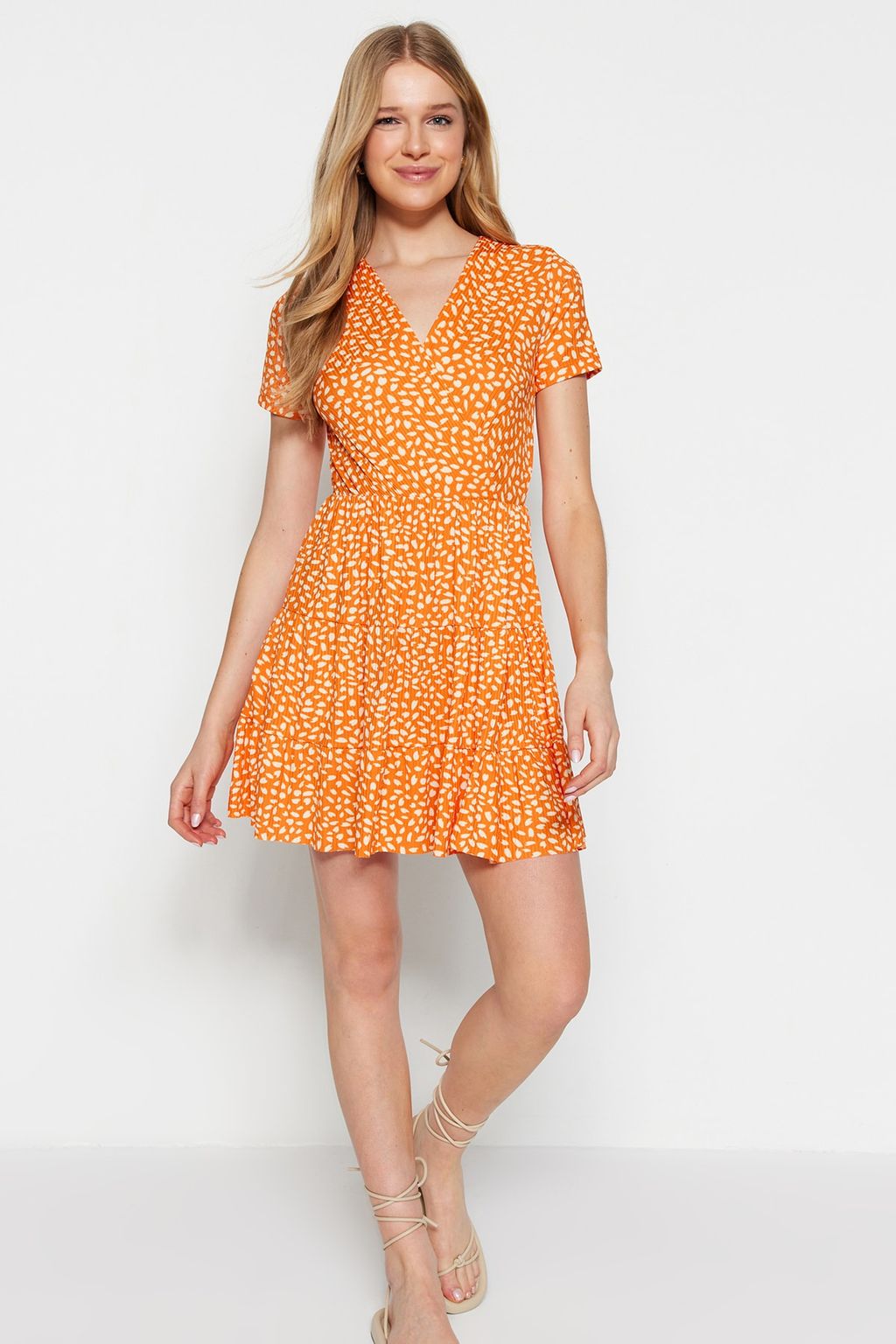 Yesil Bask?l? Kruvaze Yaka Mini Esnek Orme Elbise TWOSS21EL0241 - Trendyolmilla фото 15