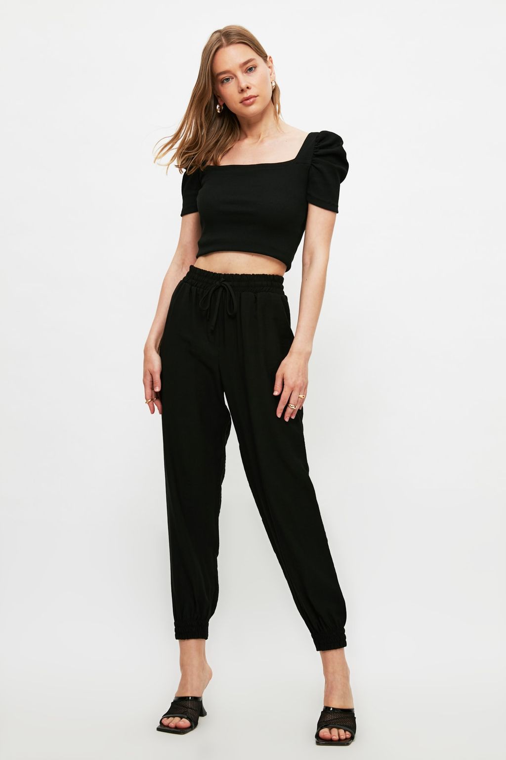 Siyah Beli Lastikli Jogger Dokuma Pantolon TWOSS20PL0129