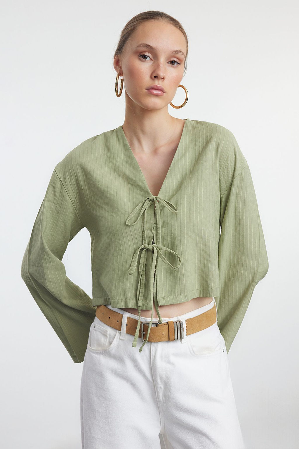 Trendyolmilla Yesil Baglama Detayl? Cizgili Dokuma Gomlek TWOSS24GO00247  фото 6