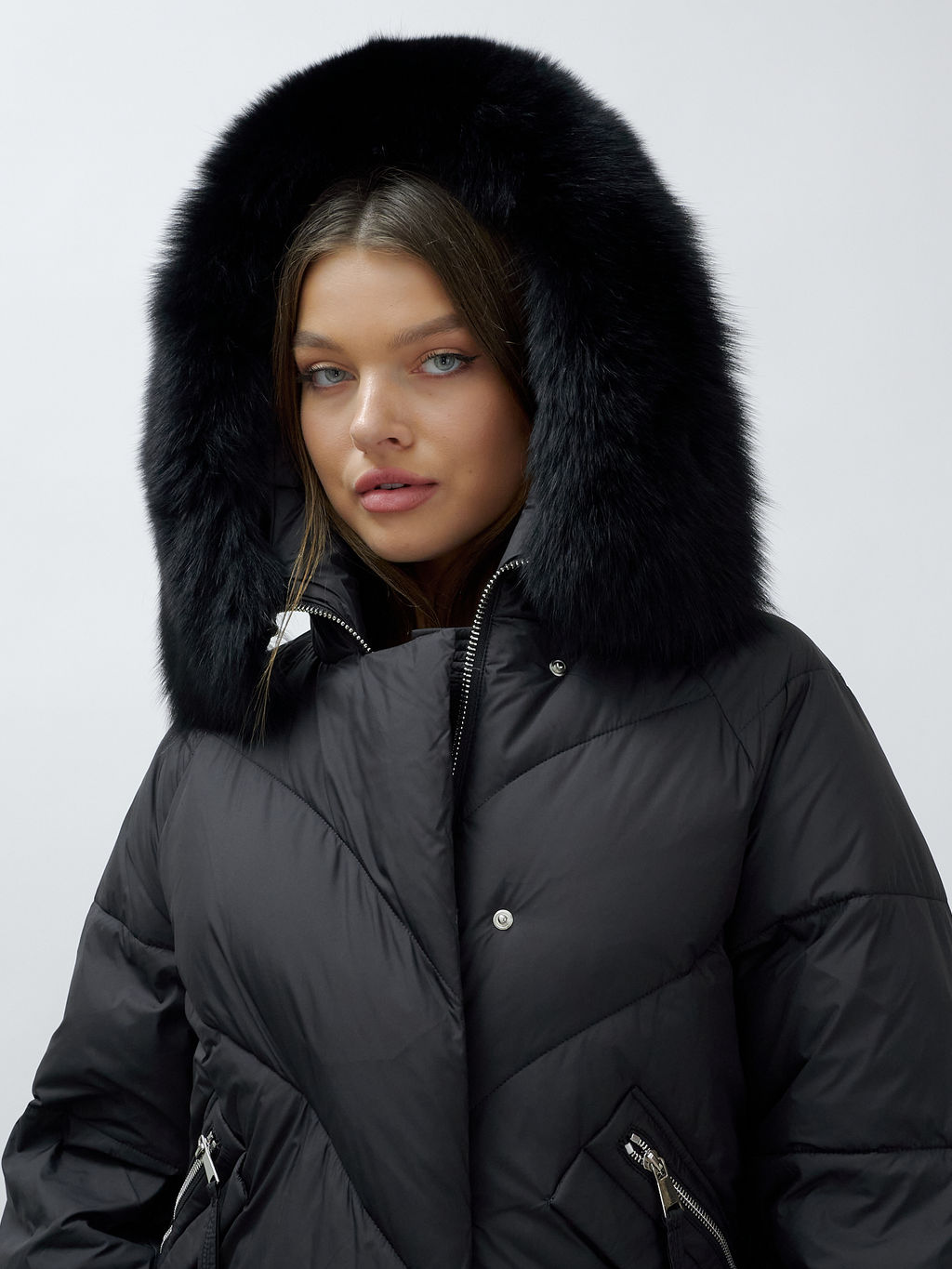 Полупальто женское зимние с мехом песец люкс класса черного цвета 6227Ch - Visdeer фото 8