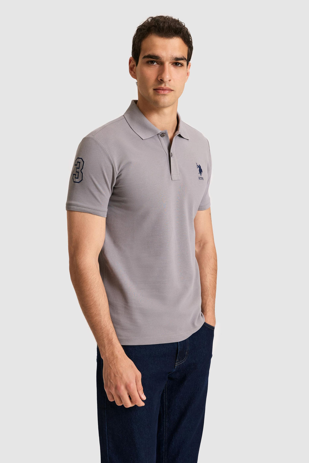 Erkek Slim Fit Polo Yaka Gri Basic Ti__rt