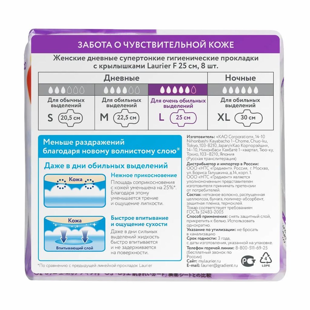 Женские дневные супертонкие гигиенические прокладки с крылышками 25 см 8 шт / Laurier F  фото 2