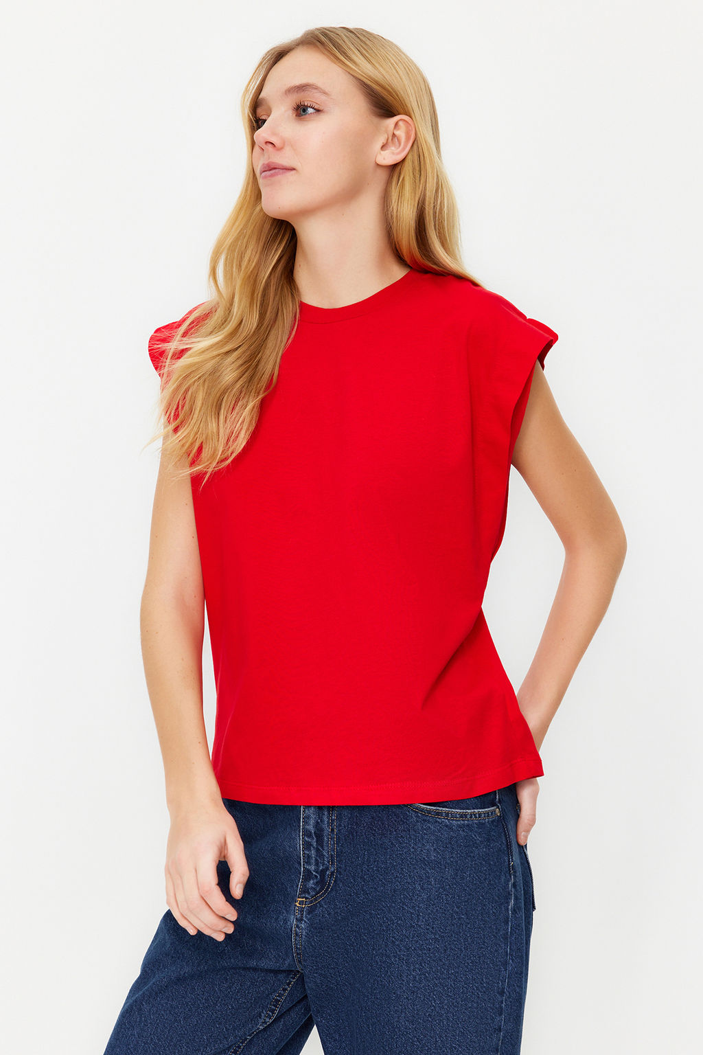 K?rm?z? %100 Pamuk Vatka Gorunumlu Basic Bisiklet Yaka Orme T-Shirt TWOSS20TS0021