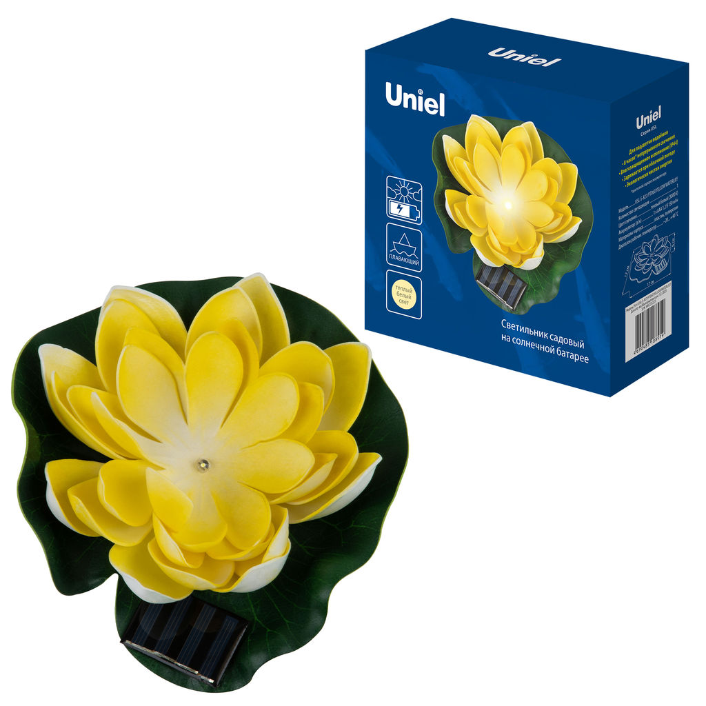 USL-S-827/PT060 YELLOW WATERLILY Садовый светильник на солнечной батарее Желтая кувшинка. Плавающий. 1 светодиода. Теплый белый свет. 1*ААA Ni-Mh аккумулятор в/к. IP44. TM Uniel - Volpe фото 8