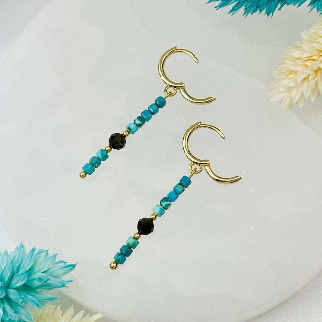 Серьги длинные из Бирюзы и золотистого Обсидиана