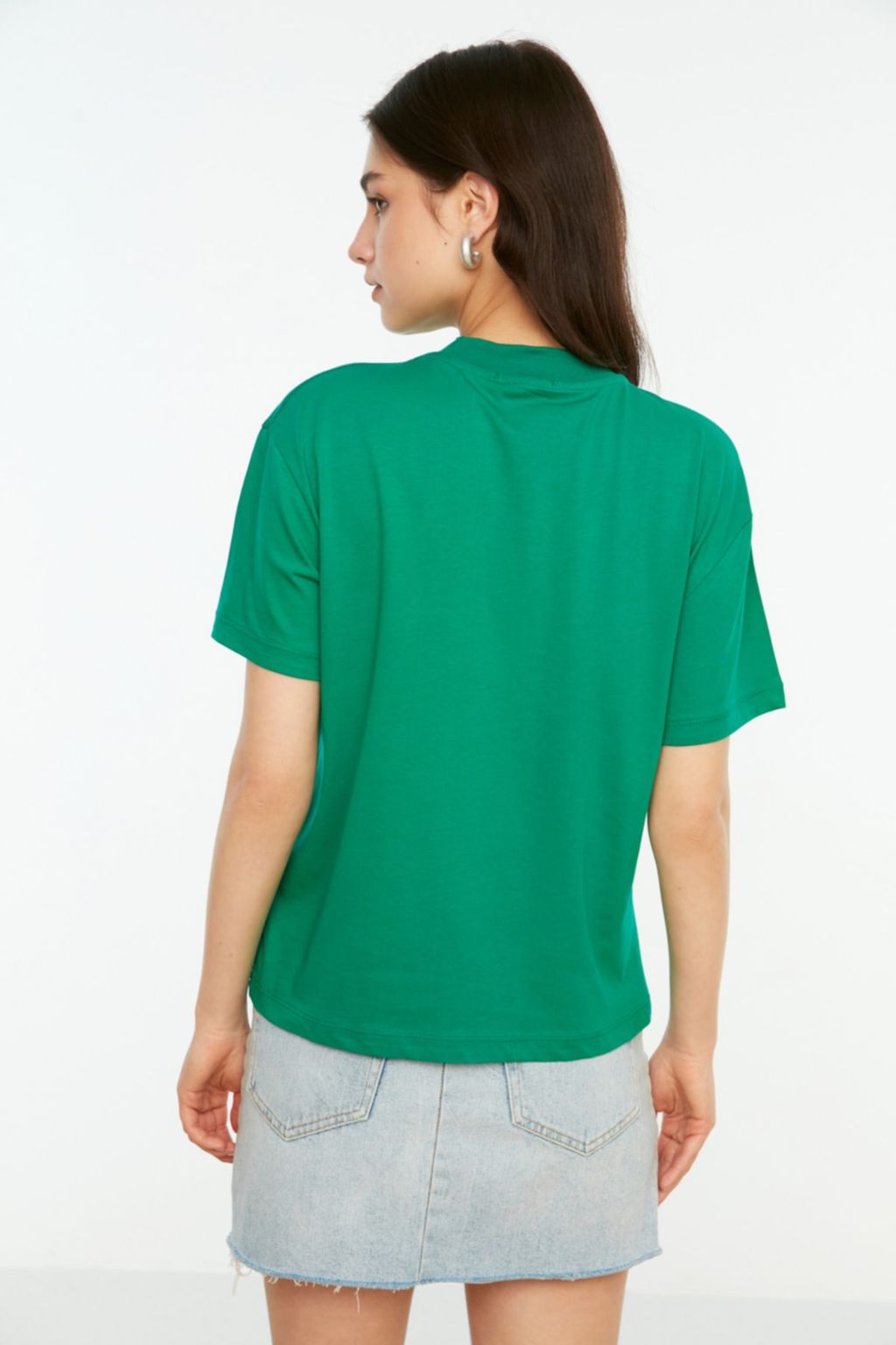 Yesil %100 Pamuk Basic Regular/Normal Kal?p Dik Yaka Orme T-Shirt TWOAW20TS0096