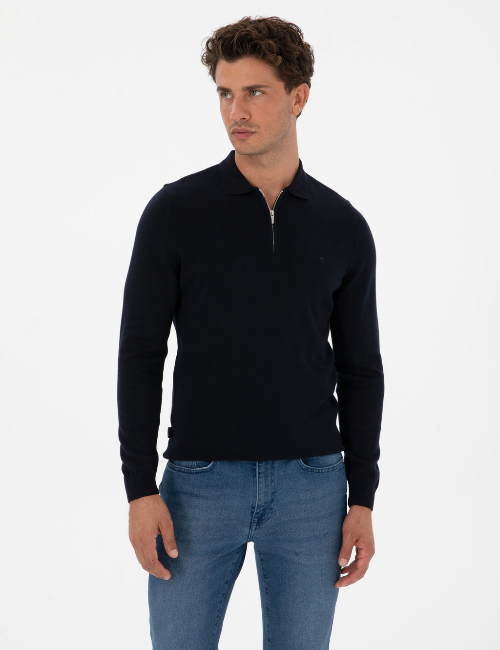 Lacivert Slim Fit Polo Yaka Fermuarl_ Basic Triko Kazak