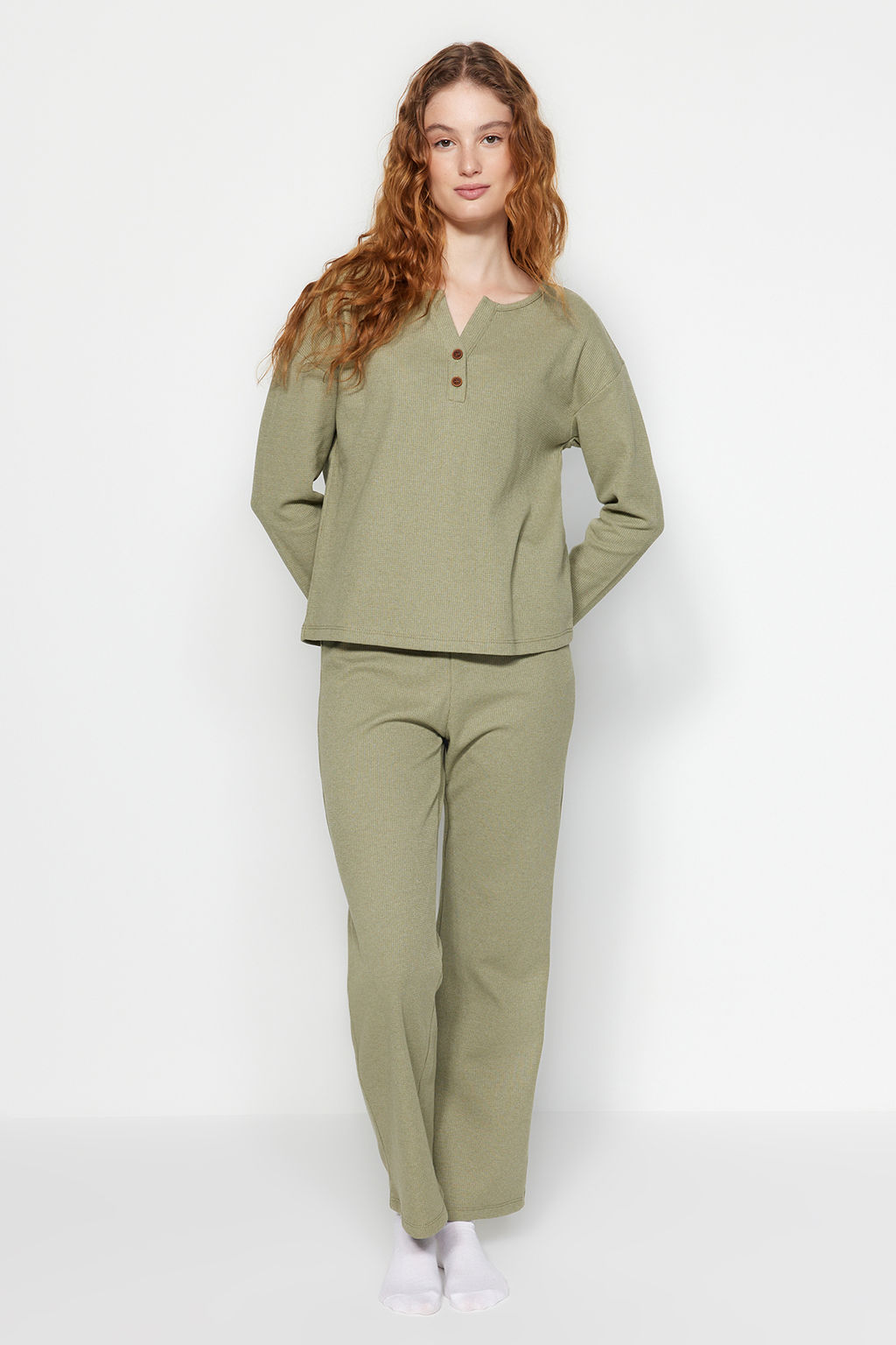 Trendyolmilla Yesil Waffle Tshirt-Pantolon Orme Pijama Tak?m? THMAW24PT00126