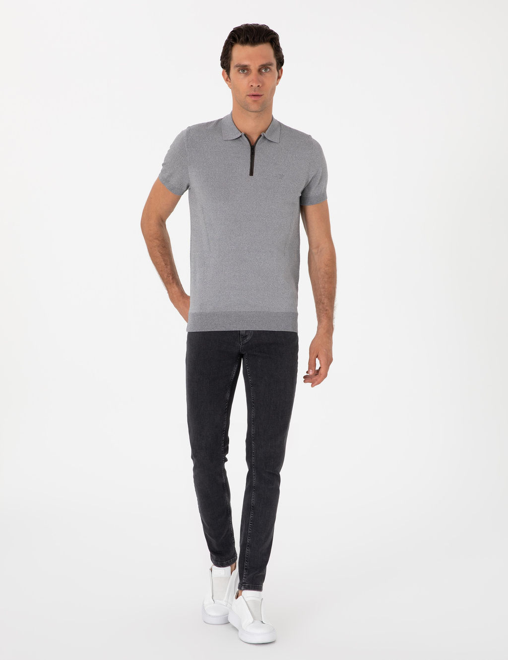 Gri Slim Fit Fermuarl_ Polo Yaka Triko T-shirt