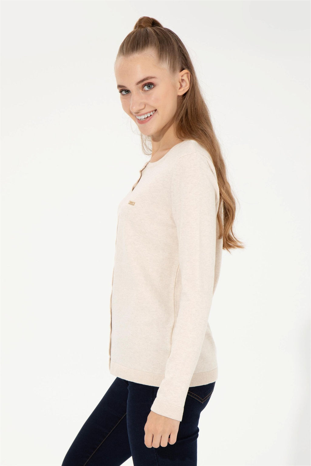 Женский кремовый меланжевый базовый трикотажный кардиган Неожиданная скидка в корзине - U.s. polo assn фото 3