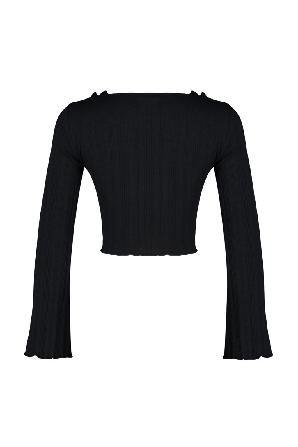 Trendyolmilla Siyah F?rf?r Detayl? Onden Baglamal? Fitilli Esnek Crop Orme Bluz TWOAW24BZ00109