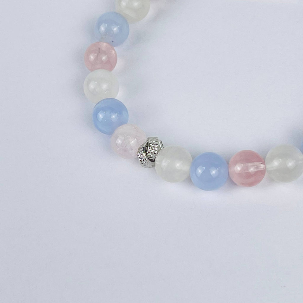 Браслет из Голубого агата, Розового кварца и Лунного камня со вставкой 18 см