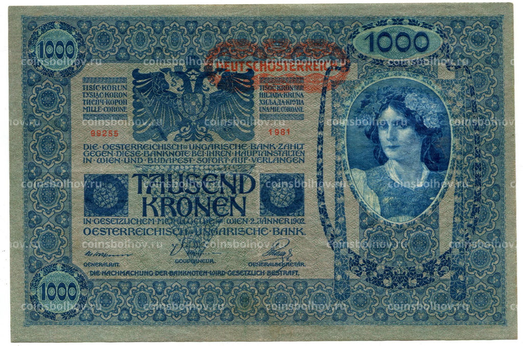 Банкнота 1000 крон 1902 года Австрия надпечатка