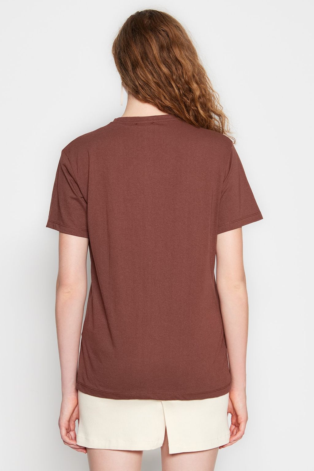 Kahverengi %100 Pamuk Bisiklet Yaka Oversize/Genis Kal?p Orme T-Shirt TWOSS20TS0134