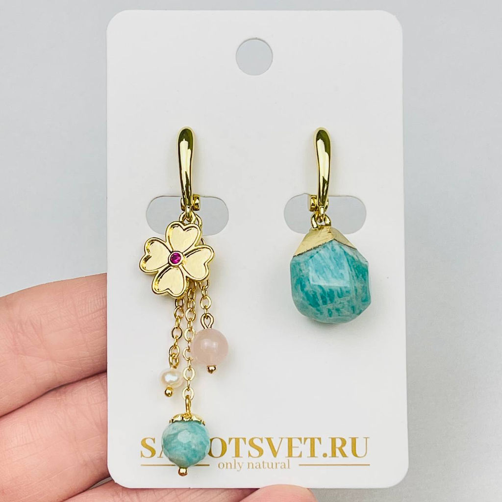 Серьги из Амазонита, Розового кварца и Жемчуга