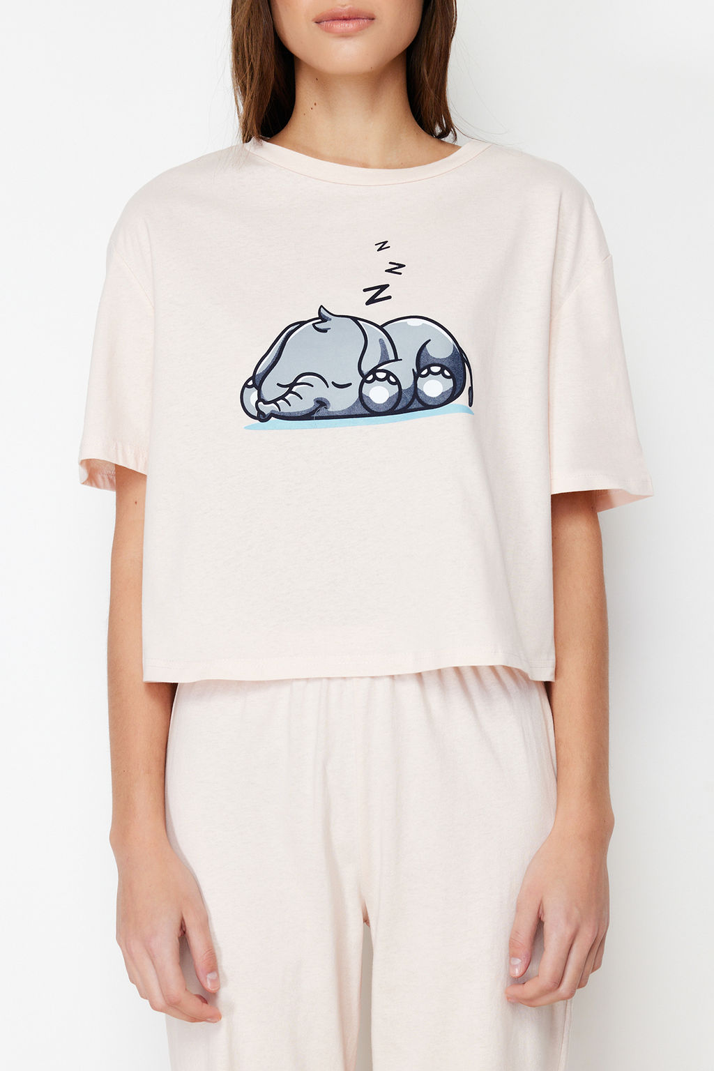 Trendyolmilla Pudra %100 Pamuklu Fil Bask?l? Orme Pijama Tak?m? THMSS24PT00070 фото 4